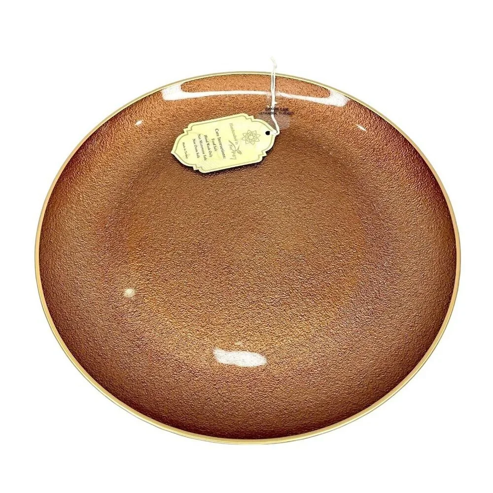 Turkish Glass 4 Charger Plates Set Brown Bronze Textured Gold Rim 13